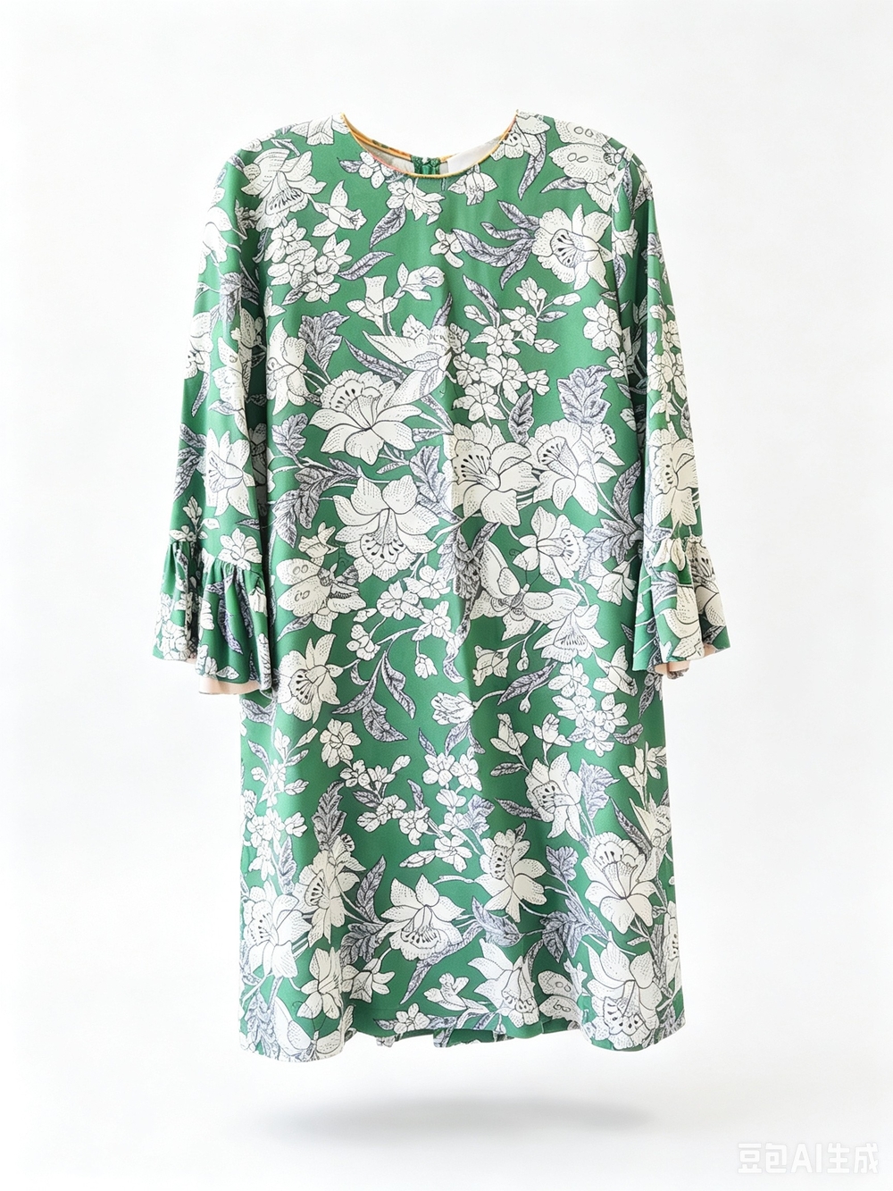 LA DoubleJ Emerald Green Floral Bell-Sleeve   Dress